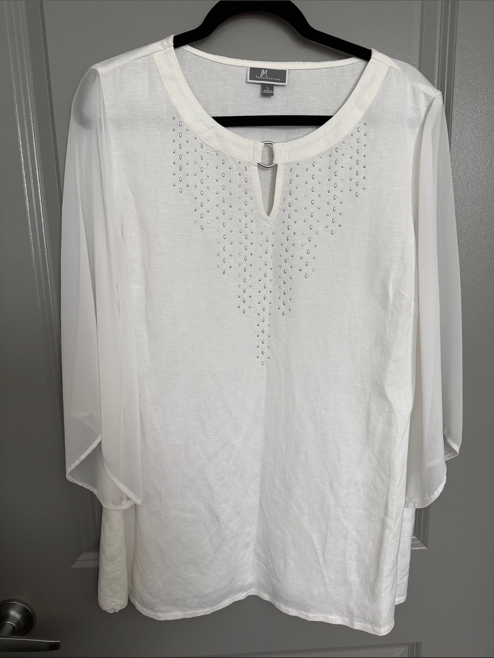 JM Collection White Keyhole Blouse with Rhinestone Accents